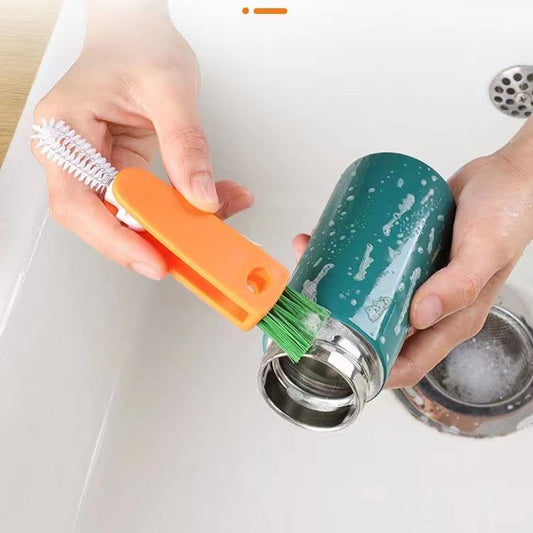 3 in 1 Multifunctional Mini Cleaning Brush, Suitable for Kitchen Water Bottle Cover Feeding Nozzle Glass Cup Crevice Orange