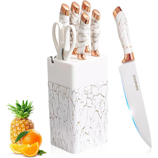 Knife Block Set with Sharpener Hole, 7-Piece Stainless Steel Non-stick Rose Gold Knife Sets