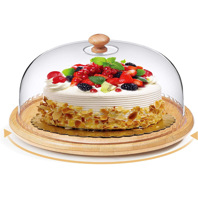 Bamboo Rotating Cake Stand with Dome, Round Cake Plate with Acrylic Lid