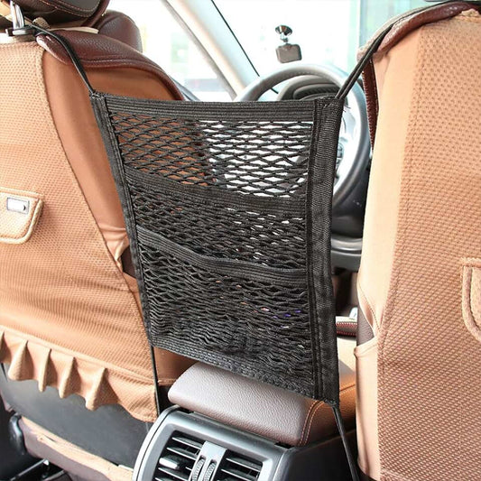 Super stretch 3 slot net organizer for in between car front seats