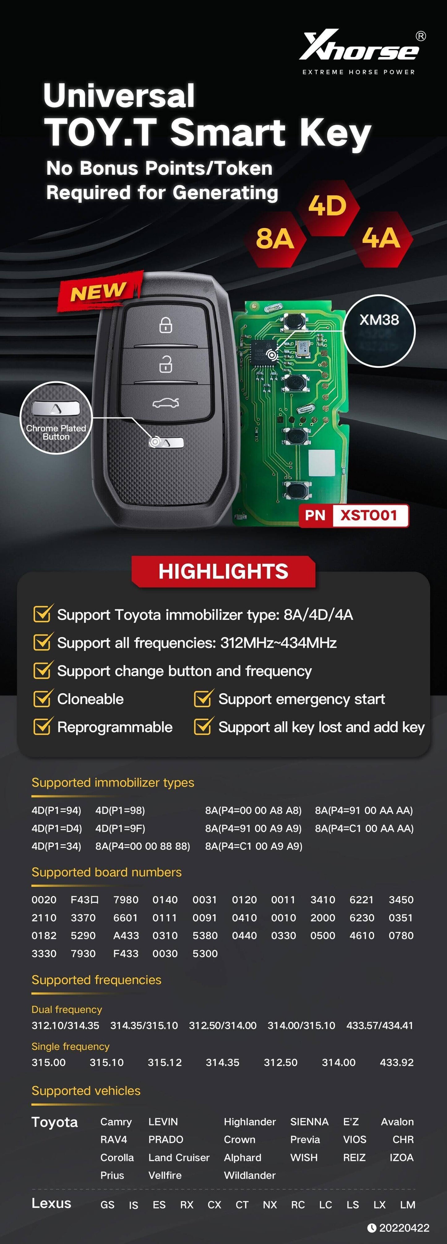 1PCS/LOT Xhorse XSTO01EN TOY.T for Toyota XM38 Smart Key with Key Shell Support 4D 8A 4A
