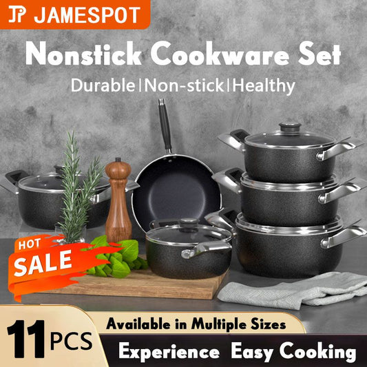 Jamespot 11-Piece Aluminum Non-Stick Cookware Set: Multi-Size Pots, Lids, Frying Pan