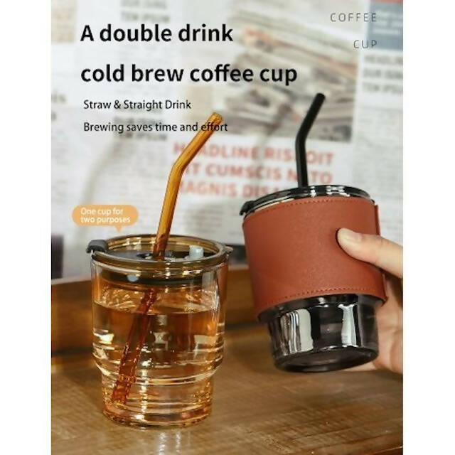 Gorgeous Slub Glass Smoothie Cup with Straw and Leather Cover(300 ml)