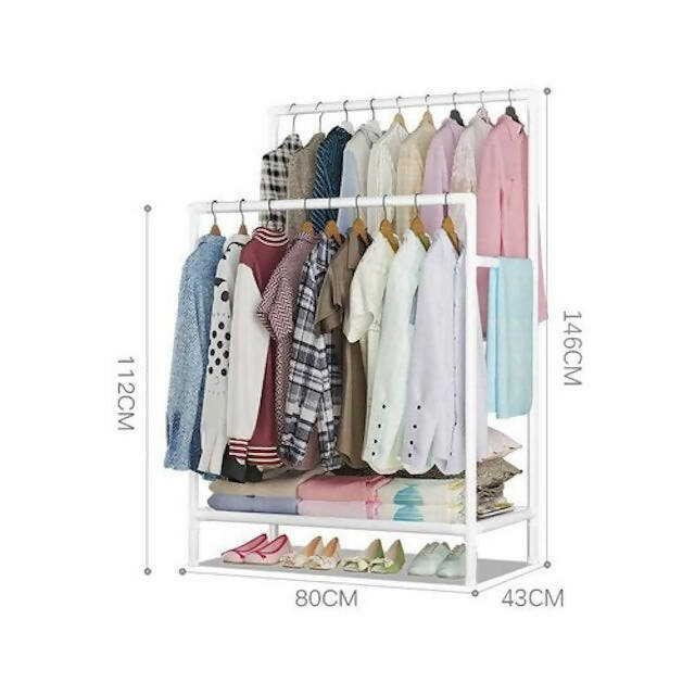 Double Pole Clothing Rack With Lower Storage Shelf for Boxes/Shoes, Clothing Hanging Garment Rack with Telescopic Design and Foldable Single Stand