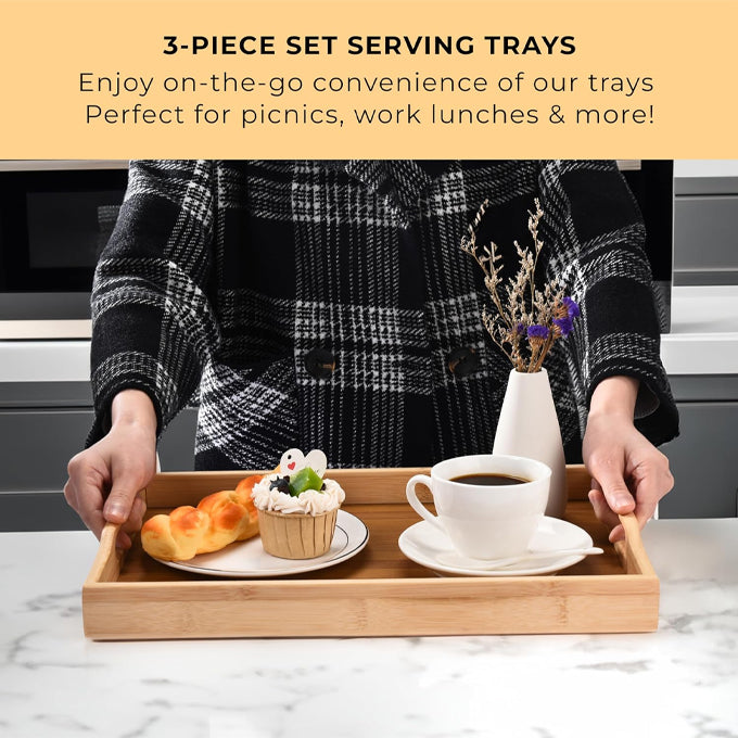 3-Piece Set Bamboo Serving Trays with Handles