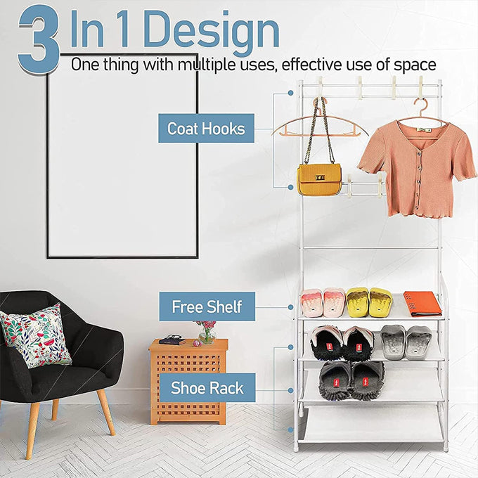 Metal Multifunction Garment Rack with Double-Row Hooks and 5 Storage Shelf