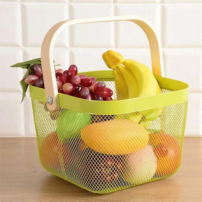 Hanging Kitchen Baskets Fruit Basket Bin with Bamboo Handle Ideal for Kitchen Bathroom Pantry Picnic Shopping Decor Cabinet Home