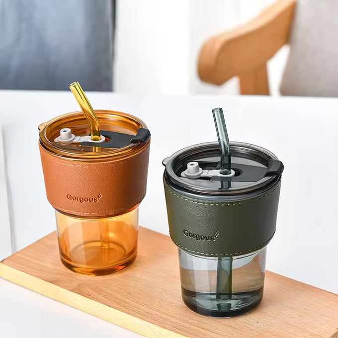 Glass Reusable Sipper Bottle with Leather Sleeve Glass Coffee Mug with Silicone Straw and Leakproof Lid Tumbler for Coffee,Tea, Milk Beverages