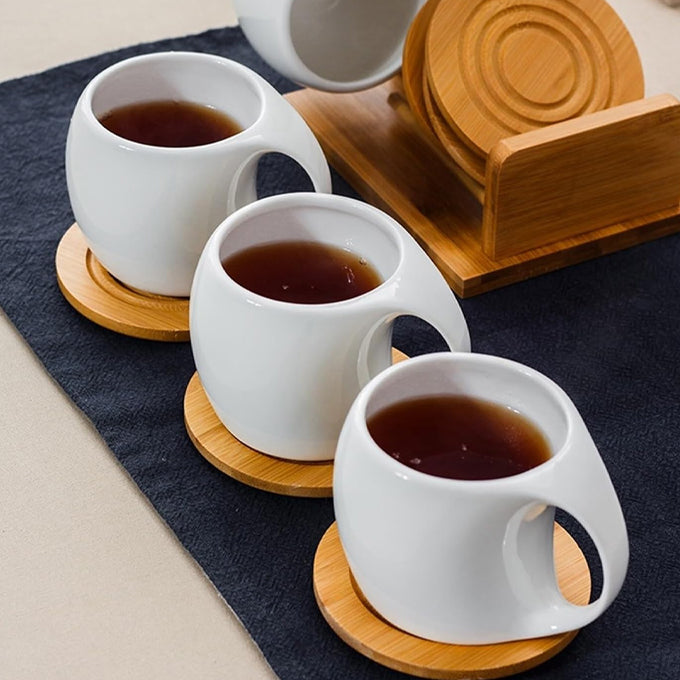 Fashion ceramic 6 cups, 200ml with wooden bamboo stand and 6 bamboo coasters