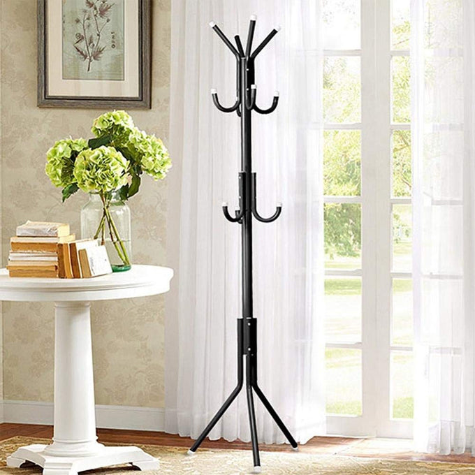 Metal Coat Rack Hanger Stand, Single Pole, 12 Hook Stand, for Suits, Jacket, Blazer, Gown, Handbags, Umbrella