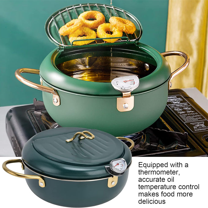 Stainless Steel Nordic green coloured 3.4L Frying pot with thermometer and oil drain grill