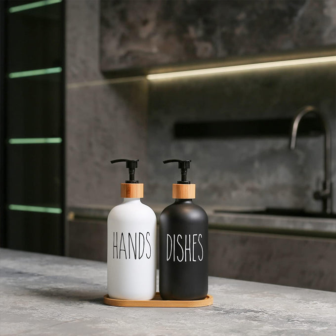 Glass Soap Dispenser Set, Contains Hand Soap and Dish Soap Dispenser. Suitable for Kitchen Decor.