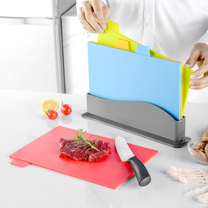 Multifunctional 4-color cutting board-(4 piece set) with storage shelf.