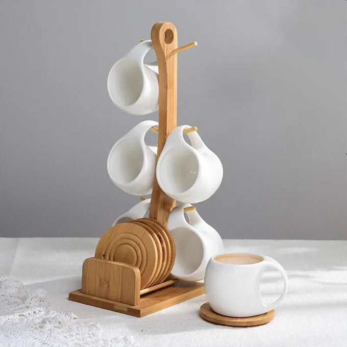 Ceramic Coffee Cup Mug Set,ceramic Coffee Cup Tea Set Dish Set 6 Piece Set With Shelf Bamboo Swirl Bottom