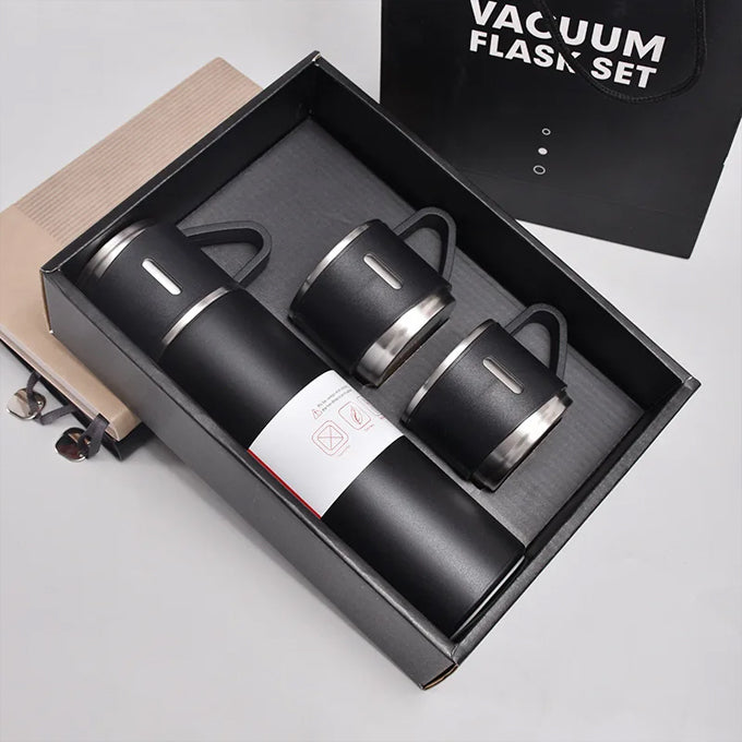 Premium steel gift pack stainless steel double wall thermal flask with silicone handle and insulated lid with 2 stainless steel hot and cold beverage cups