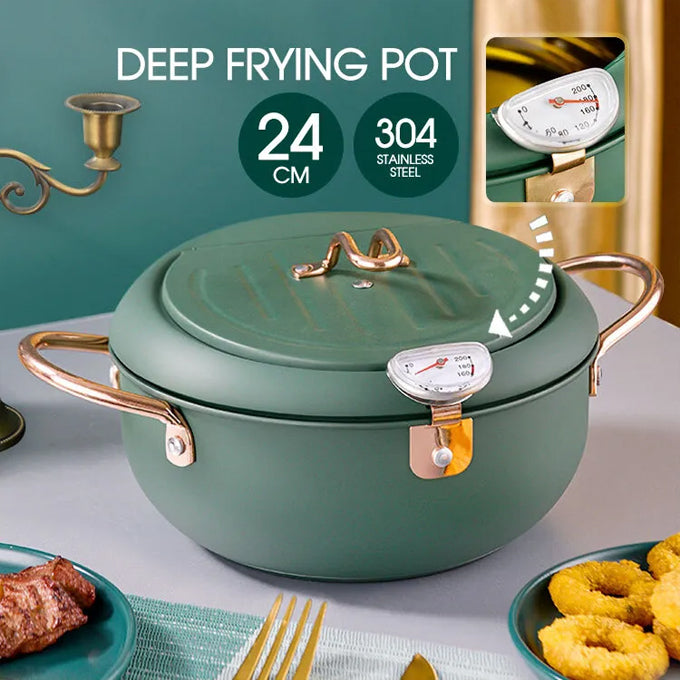 Nordic green coloured 3.4L Frying pot with thermometer and oil drain grill