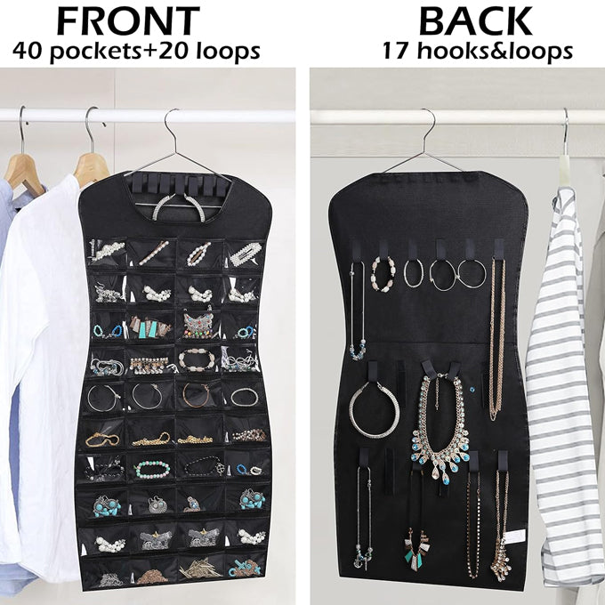 Dual sided Hanging Jewelry Organizer with 40 Pockets and 24 Hook & Loops Closet Necklace Holder for Earring Bracelet Ring Chain with Hanger