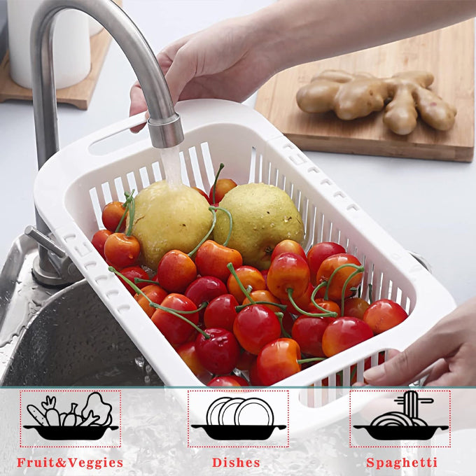 Extendable Over the Sink Colander Fruits and Vegetables Drain Basket Adjustable Strainer Sink Washing Basket for Kitchen