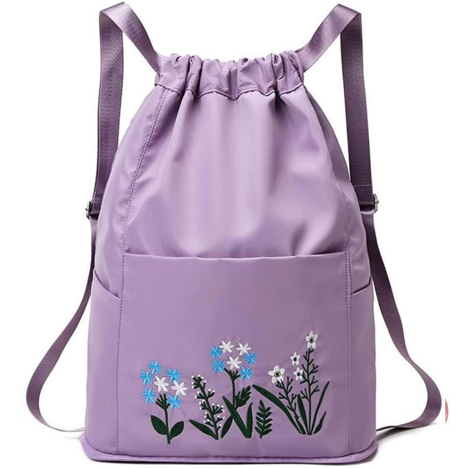 Travel Drawstring Bag Waterproof Flower Print Foldable Embroidery Design Drawstring Backpack for Outdoor