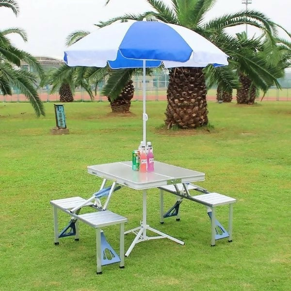 Portable Outdoor Aluminum folding table with 4 Chairs and an umbrella