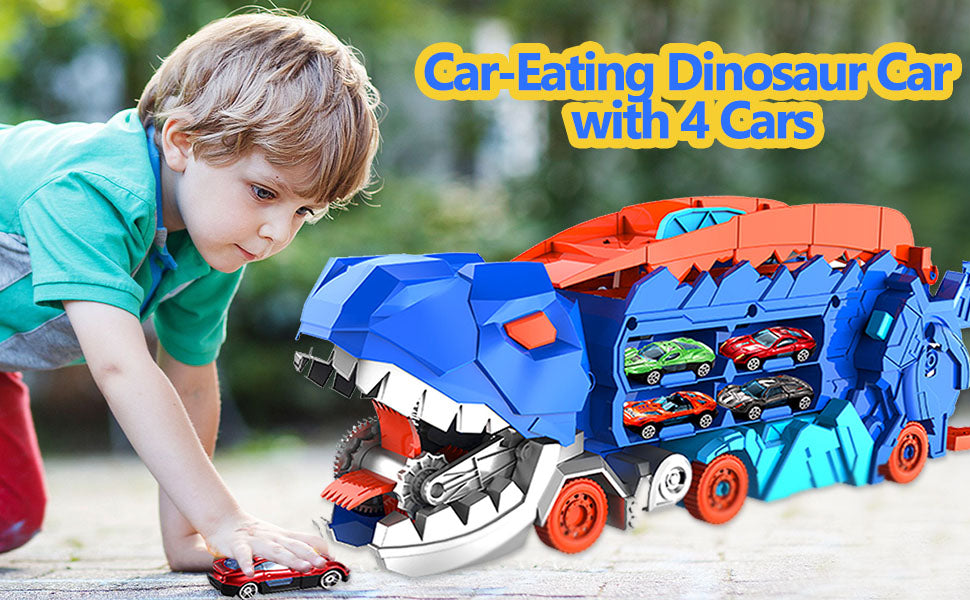 Transport Dinosaur Truck with Foldable Sliding Race Track Transforms into Standing T-rex Best DIY Birthday Gifts Toys Boys Girls
