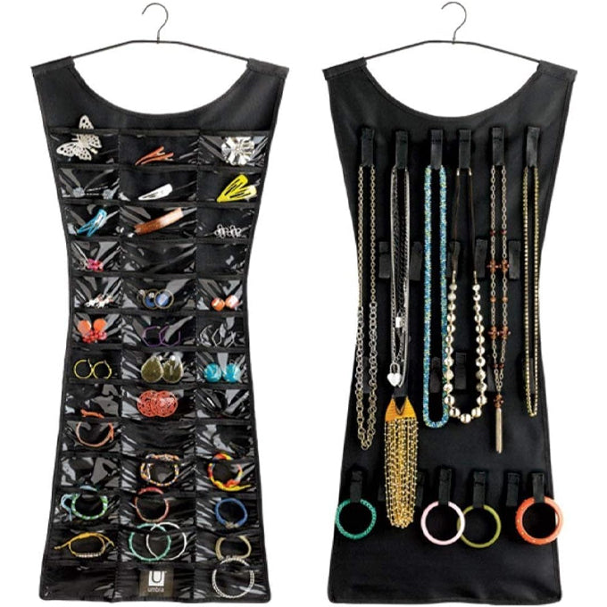 Dual sided Hanging Jewelry Organizer with 40 Pockets and 24 Hook & Loops Closet Necklace Holder for Earring Bracelet Ring Chain with Hanger