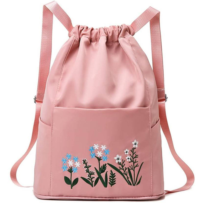 Travel Drawstring Bag Waterproof Flower Print Foldable Embroidery Design Drawstring Backpack for Outdoor