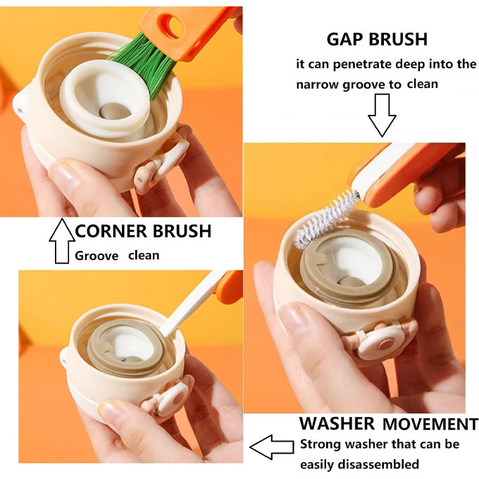 3 in 1 Multifunctional Mini Cleaning Brush, Suitable for Kitchen Water Bottle Cover Feeding Nozzle Glass Cup Crevice Orange