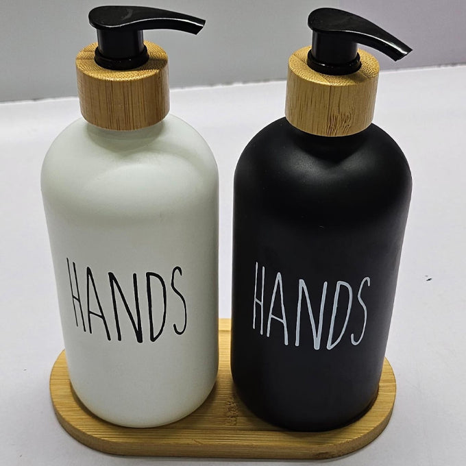 Bathroom Soap Dispenser Set with Glass Soap Dispenser, Bamboo Pumps & Tray