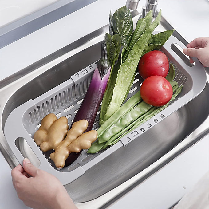 Extendable Over the Sink Colander Fruits and Vegetables Drain Basket Adjustable Strainer Sink Washing Basket for Kitchen