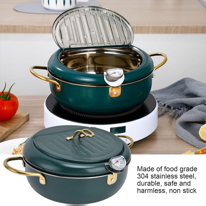 Stainless Steel Nordic green coloured 3.4L Frying pot with thermometer and oil drain grill