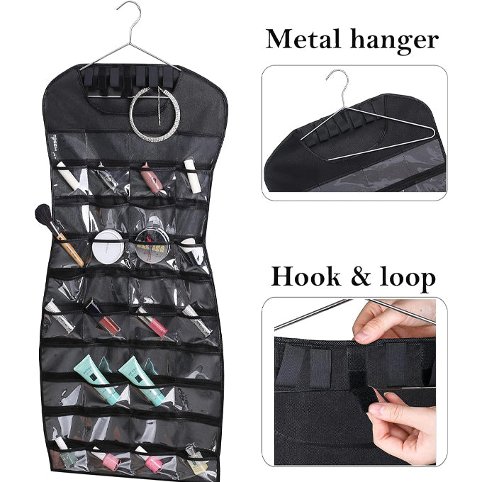 Dual sided Hanging Jewelry Organizer with 40 Pockets and 24 Hook & Loops Closet Necklace Holder for Earring Bracelet Ring Chain with Hanger