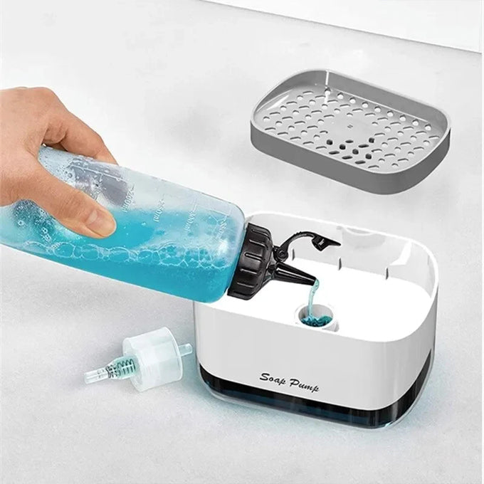 Dish Soap Dispenser for Kitchen Sink with Sponge Holder, 2 in 1 Soap Pump Dispenser Includes Handheld Sponge for Dishwashing