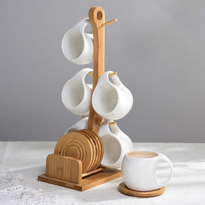 Fashion ceramic 6 cups, 200ml with wooden bamboo stand and 6 bamboo coasters