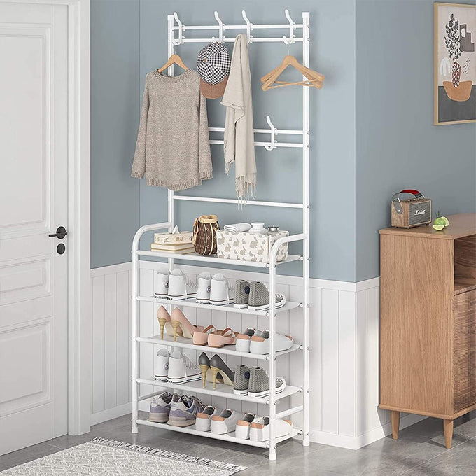 Metal Multifunction Garment Rack with Double-Row Hooks and 5 Storage Shelf