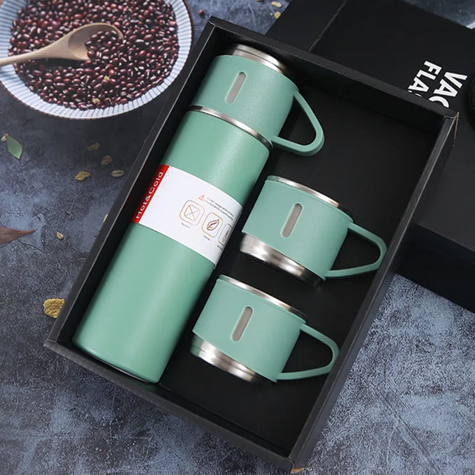 Premium steel gift pack stainless steel double wall thermal flask with silicone handle and insulated lid with 2 stainless steel hot and cold beverage cups