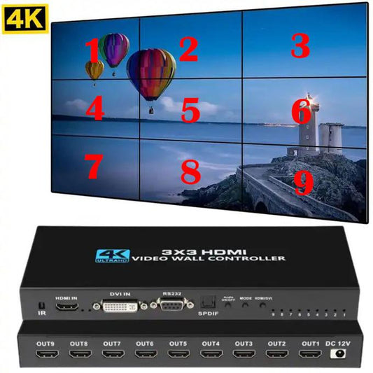 3x3 9 Screens 4K HDMI DVI TV Video Wall Controller 1X2 1X4 1X3 2x2 2x3 3x2 4X2 2X4 Multi Video Screen Processor Switcher Splicer Gaming Home Cinema Monitor