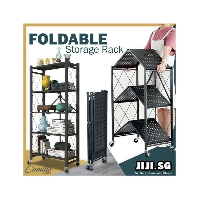 Foldable Kitchen Metallic Storage Rack With Wheels - 5 Tier