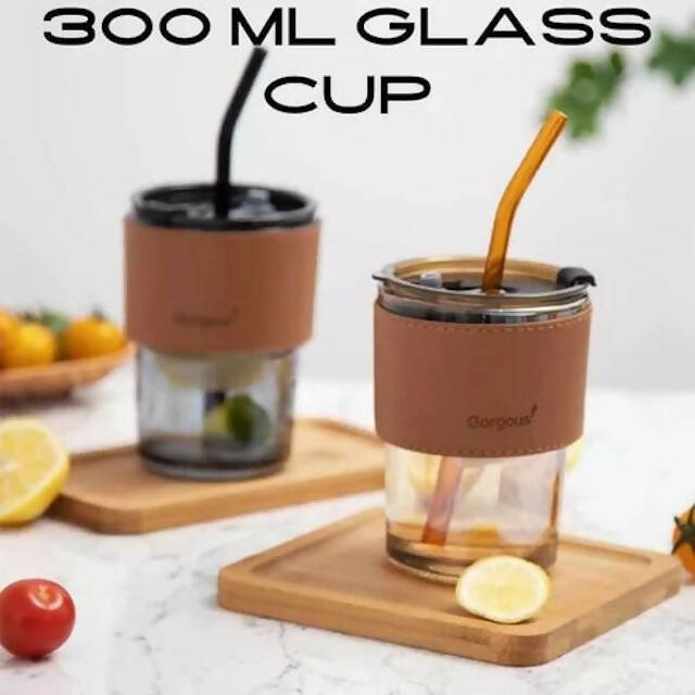 Gorgeous Slub Glass Smoothie Cup with Straw and Leather Cover(300 ml)