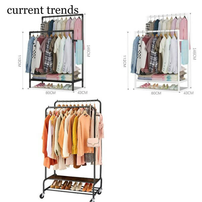 Double Pole Clothing Rack With Lower Storage Shelf for Boxes/Shoes, Clothing Hanging Garment Rack with Telescopic Design and Foldable Single Stand