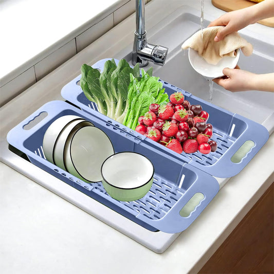 Extendable Over the Sink Colander Fruits and Vegetables Drain Basket Adjustable Strainer Sink Washing Basket for Kitchen