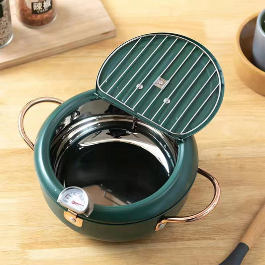 Nordic green coloured 3.4L Frying pot with thermometer and oil drain grill