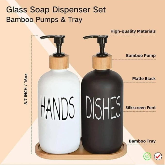 Bathroom Soap Dispenser Set with Glass Soap Dispenser, Bamboo Pumps & Tray