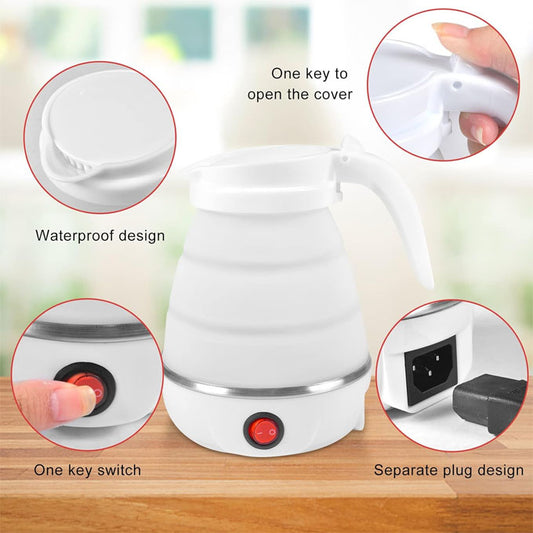 600ml 600W foldable electric kettle with silicone body and stainless steel heating base