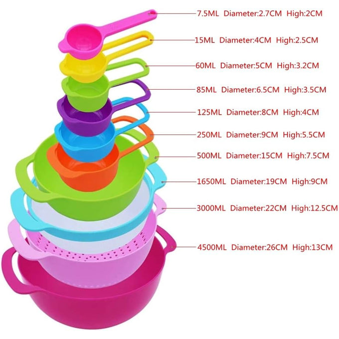 10Pcs Rainbow Bowls Set Salad Bowl Plastic Baking Measuring Cup Measuring Spoon