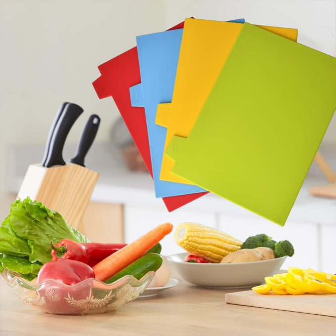 Multifunctional 4-color cutting board-(4 piece set) with storage shelf.