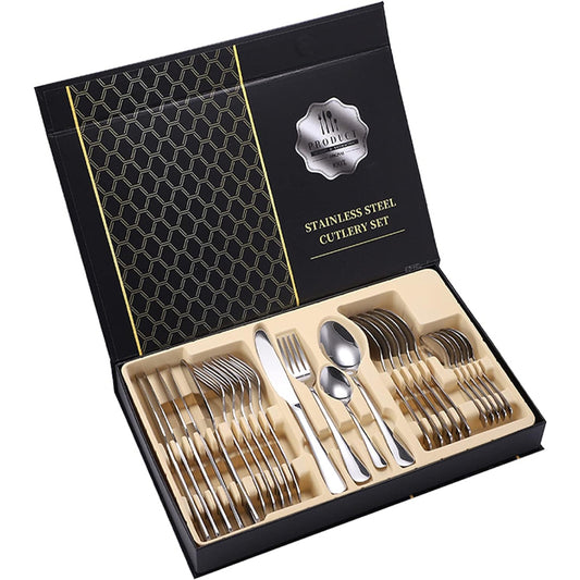 24-Piece Stainless Steel Cutlery Set, Mirror Polishing, Multipurpose Use for Home and Kitchen with Gift Box, Service for 6 (Silver)