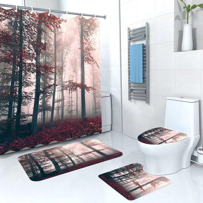 3D 4 in 1 bathroom woolen mats with a waterproof shower curtain