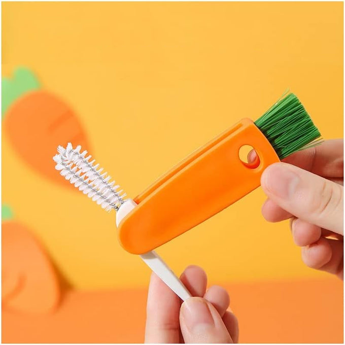 3 in 1 Multifunctional Mini Cleaning Brush, Suitable for Kitchen Water Bottle Cover Feeding Nozzle Glass Cup Crevice Orange