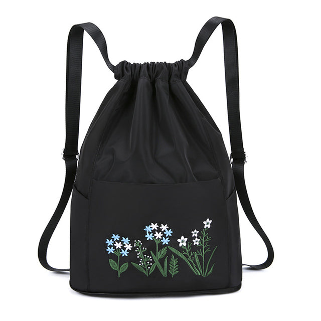 Travel Drawstring Bag Waterproof Flower Print Foldable Embroidery Design Drawstring Backpack for Outdoor